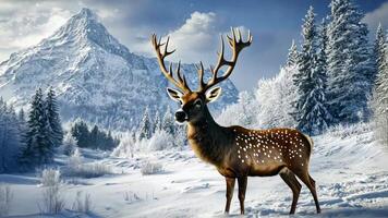 Majestic deer in snowy mountain landscape with frosted trees, celebrating merry christmas and happy new year video