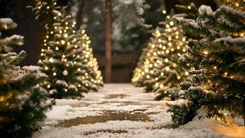 Snowy pathway illuminated by twinkling lights, cozy winter night with festive christmas trees, celebrating merry christmas and happy new year video