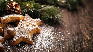 Festive christmas star cookies with sugar and pine branches on wooden table for merry christmas and happy new year video