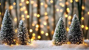 Festive snow-covered christmas trees with warm lights and bokeh background celebrate merry christmas and happy new year video
