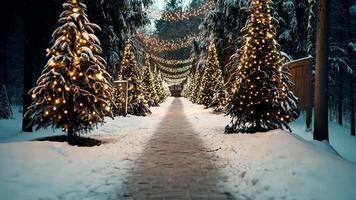 encantador Nevado caminho iluminado de cintilante Natal luzes através inverno país das maravilhas para alegre Natal e feliz Novo ano video