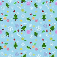 Seamless pattern with festive elements such as Christmas trees, snowflakes, stars, hearts and ornaments. The design has a light blue background. It creates a cheerful and winter atmosphere. vector