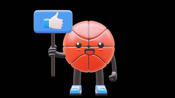 3D Basketball Character Holding Thumbs Up Like Board Symbolizing Approval And Agreement Suitable For Social Media Marketing And Feedback Concepts. Transparent Background. Alpha Background. video
