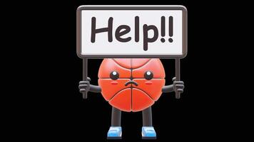 3D Basketball Character Holding Help Sign Board Suitable For Asking Assistance And Support Concepts. Transparent Background. Alpha Background. Looping Animation. video