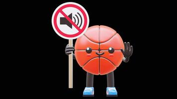 3D Basketball Character Holding Silent Sign Suitable For Quiet Zone And Silence Awareness Concepts. Transparent Background. Alpha Background. Looping Animation. video