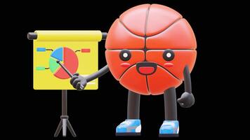 3D Basketball Character Giving Presentation With Chart Board Suitable For Business Analysis And Marketing Strategies. Transparent Background. Alpha Background. Looping Animation. video