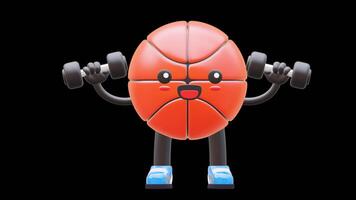 3D Basketball Character Holding Dumbbells Suitable For Fitness And Workout Themes. Transparent Background. Alpha Background. Looping Animation. video