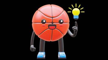 3D Basketball Character With Light Bulb Idea Moment Suitable For Innovation Creativity And Problem Solving Content. Transparent Background. Alpha Background. Looping Animation. video