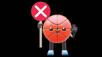 3D Basketball Character Holding Wrong Sign Suitable For Mistake And Incorrect Concepts. Transparent Background. Alpha Background. Looping Animation. video
