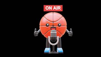 3D Basketball Character On Air With Microphone Suitable For Live Broadcasting And Radio Concepts. Transparent Background. Alpha Background. Looping Animation. video