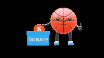 3D Basketball Character Dropping Coin Into Donation Box Suitable For Charity And Fundraising Campaigns. Transparent Background. Alpha Background. Looping Animation. video