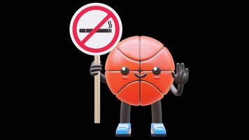 3D Basketball Character Holding Dont Smoke Sign Suitable For No Smoking And Health Awareness Concepts. Transparent Background. Alpha Background. Looping Animation. video