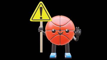 3D Basketball Character Holding Danger Sign Suitable For Warning And Caution Content. Transparent Background. Alpha Background. Looping Animation. video