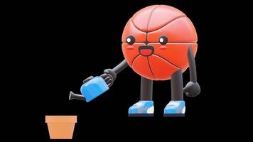 3D Basketball Character Watering Plant With Dollar Coin Growth Investment Concept Suitable For Financial Education And Business Presentations. Transparent Background. Alpha Background. video