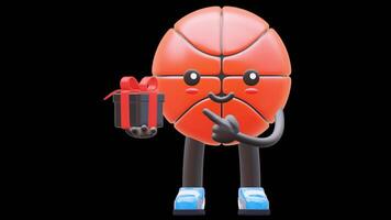 3D Basketball Character Holding Gift Box Suitable For Celebration And Gifting Content. Transparent Background. Alpha Background. Looping Animation. video