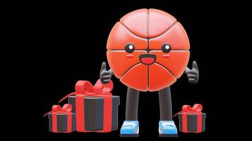 3D Basketball Character With Gift Boxes Suitable For Celebration And Holiday Concepts. Transparent Background. Alpha Background. Looping Animation. video