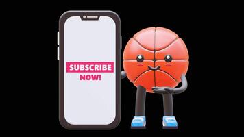 3D Basketball Character Holding Smartphone With Subscribe Now Text Animation Ideal For Digital Marketing And Social Media Promotions. Transparent Background. Alpha Background. Looping Animation. video