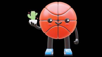 3D Basketball Character Holding A Cactus Plant Suitable For Gardening And Nature Conservation Concepts. Transparent Background. Alpha Background. Looping Animation. video