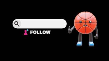 3D Basketball Character Promoting Social Media Follow Button Perfect For Digital Campaigns And Branding. Transparent Background. Alpha Background. Looping Animation. video