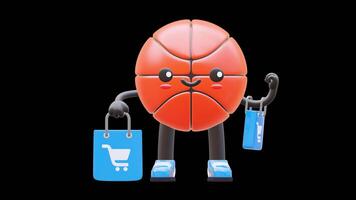 3D Basketball Character Holding Shopping Bags Suitable For E Commerce And Retail Concepts. Transparent Background. Alpha Background. Looping Animation. video