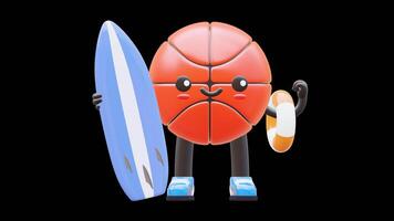 3d basquetebol personagem segurando prancha de surfe e bóia salva-vidas adequado para verão e de praia período de férias conceitos. transparente fundo. alfa fundo. looping animação. video