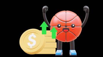 3D Basketball Character Standing Next To Increasing Coin Stack Representing Business Profit Suitable For Financial Content And Business Promotions. Transparent Background. Alpha Background. video