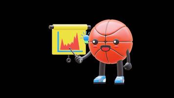 3D Basketball Character Pointing At Red Chart With Light Bulb Suitable For Creative And Business Concepts. Transparent Background. Alpha Background. Looping Animation. video
