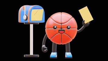 3D Basketball Character Holding Envelope Next To Mailbox Suitable For Communication And Business Messaging Concepts. Transparent Background. Alpha Background. Looping Animation. video