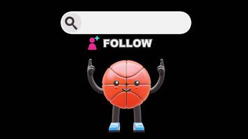 3D Basketball Character Promoting Social Media Follow Button Perfect For Digital Campaigns And Branding. Transparent Background. Alpha Background. Looping Animation. video
