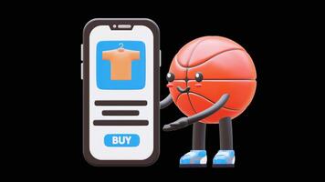 3D Basketball Character Showing Mobile Shopping App Suitable For E Commerce And Online Shopping Concepts. Transparent Background. Alpha Background. Looping Animation. video