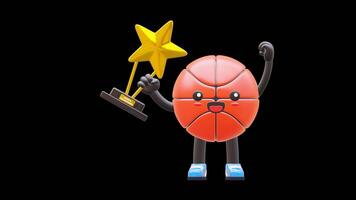 3d baloncesto personaje participación estrella trofeo adecuado para premio y logro conceptos. transparente antecedentes. alfa antecedentes. bucle animación. video
