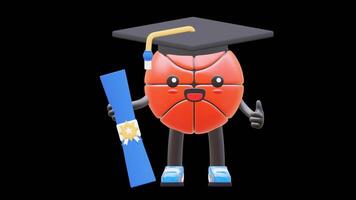 3D Basketball Character Wearing Graduation Cap Holding Diploma Suitable For Education And Success Concepts. Transparent Background. Alpha Background. Looping Animation. video