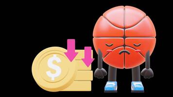 3D Basketball Character Standing Next To Decreasing Coin Stack Representing Business Loss Suitable For Financial Content And Economic Presentations. Transparent Background. Alpha Background. video