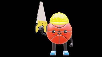3D Basketball Character Holding A Handsaw Suitable For Construction And Repair Themes. Transparent Background. Alpha Background. Looping Animation. video