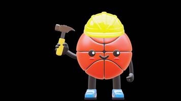 3D Basketball Character Holding A Hammer Suitable For Construction And Repair Themes. Transparent Background. Alpha Background. Looping Animation. video