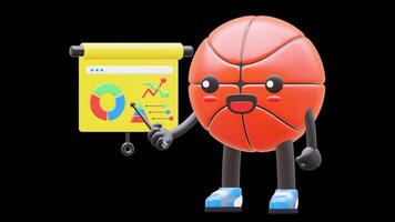 3D Basketball Character Doing Presentation With Pointer And Board Suitable For Business And Educational Uses. Transparent Background. Alpha Background. Looping Animation. video