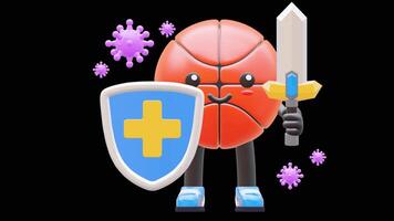 3D Basketball Character With Sword And Shield Fighting Virus Suitable For Health Campaigns And Educational Content. Transparent Background. Alpha Background. Looping Animation. video