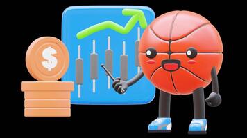 3D Basketball Character Pointing At Stock Market Graph Suitable For Financial And Investment Concepts. Transparent Background. Alpha Background. Looping Animation. video