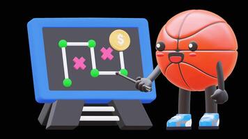 3D Basketball Character Explaining Business Strategy On Chalkboard Suitable For Business Presentation And Educational Content. Transparent Background. Alpha Background. Looping Animation. video