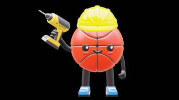 3D Basketball Character Holding A Power Drill Suitable For Construction And Repair Themes. Transparent Background. Alpha Background. Looping Animation. video