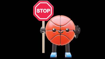 3D Basketball Character Holding Stop Sign Suitable For Traffic Rules And Safety Awareness Concepts. Transparent Background. Alpha Background. Looping Animation. video