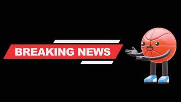 3D Basketball Character Presenting Breaking News Banner Ideal For News Updates. Transparent Background. Alpha Background. Looping Animation. video