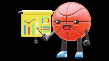 3D Basketball Character Doing Presentation With Bar Chart Showing Growth Suitable For Business And Finance Concepts. Transparent Background. Alpha Background. Looping Animation. video