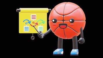 3D Basketball Character Explaining Flow Chart Suitable For Process And Workflow Concepts. Transparent Background. Alpha Background. Looping Animation. video