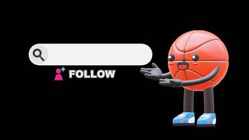 3D Basketball Character Promoting Social Media Follow Button Perfect For Digital Campaigns And Branding. Transparent Background. Alpha Background. Looping Animation. video