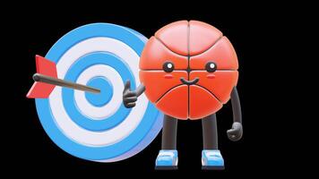3D Basketball Character Pointing At Bullseye Target For Goals And Achievements Suitable For Business Motivation And Success Presentations. Transparent Background. Alpha Background. Looping Animation. video