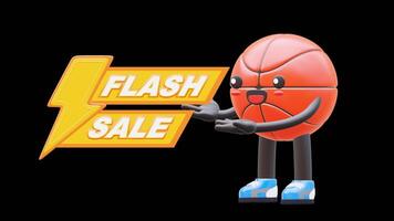 3D Basketball Character Pointing At Flash Sale Text, Ideal For Discounts, Special Offers, And Promotions. Transparent Background. Alpha Background. Looping Animation. video