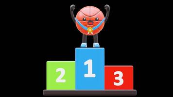 3D Basketball Character Standing On Podium With Medal Suitable For Leadership And Achievement Presentations. Transparent Background. Alpha Background. Looping Animation. video