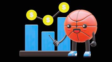 3D Basketball Character Pointing At Bar Chart Suitable For Business And Data Analysis Concepts. Transparent Background. Alpha Background. Looping Animation. video