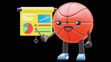 3D Basketball Character Doing Presentation On Growth Chart Suitable For Business And Education Concepts. Transparent Background. Alpha Background. Looping Animation. video